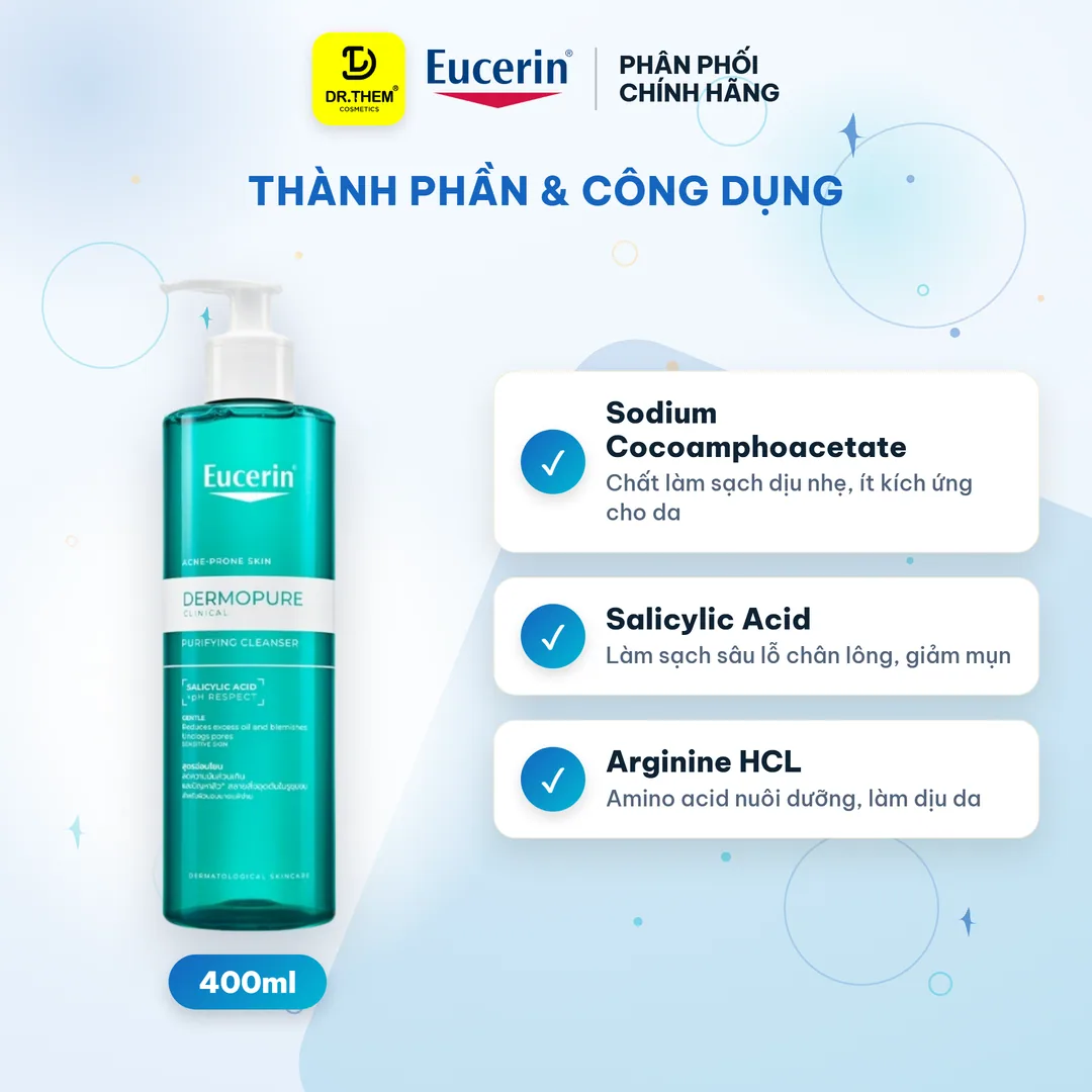 Gel Rửa Mặt Eucerin Cho Da Nhờn Mụn Dermopure Clinical Purifying Cleanser 400ml 2
