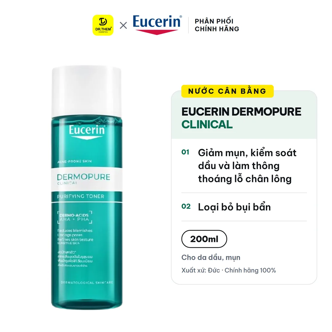 Nước Cân Bằng Eucerin Dermopure Clinical Purifying Toner Làm Sạch Thông Thoáng Lỗ Chân Lông Cho Da Nhờn Mụn 200ml