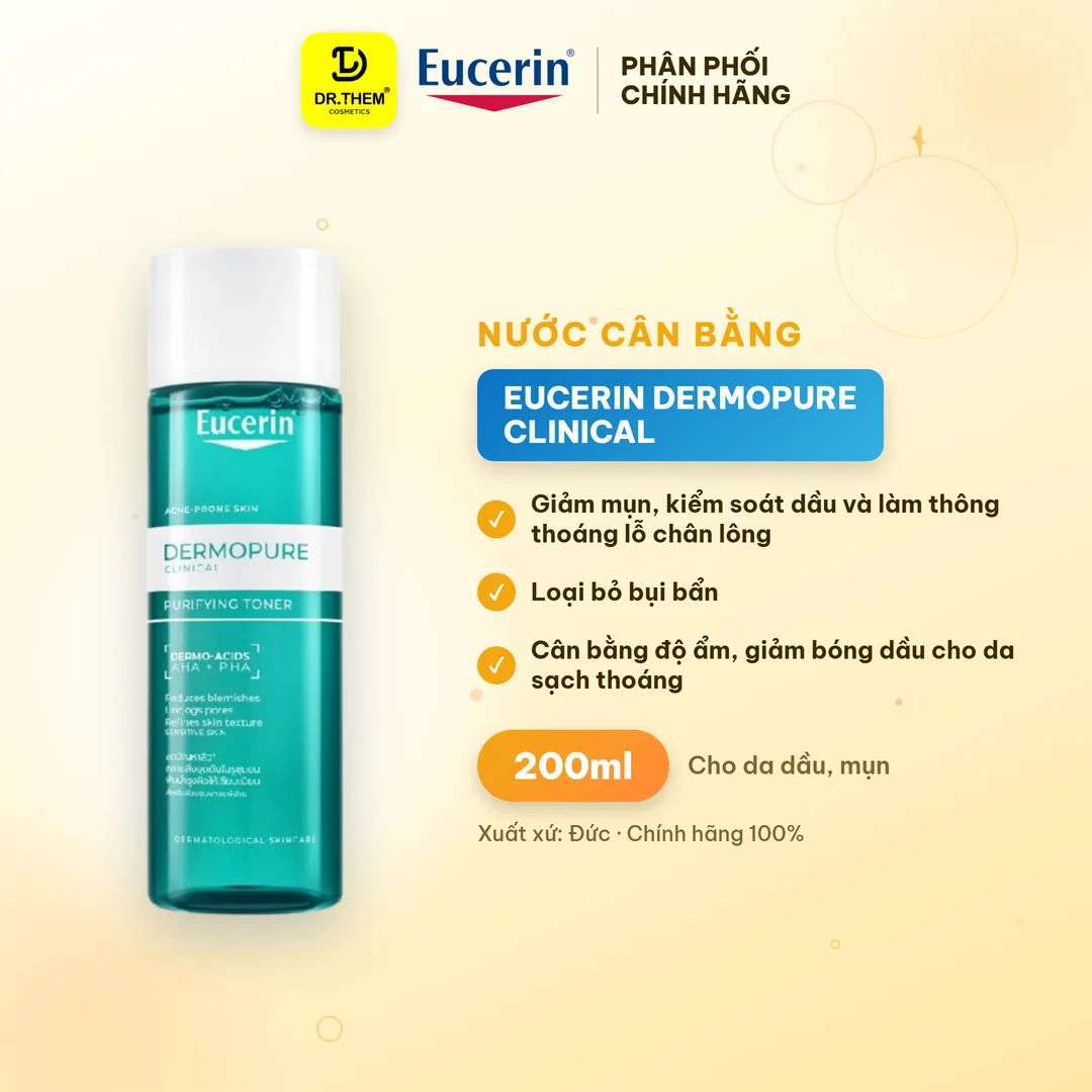 Nước Cân Bằng Eucerin Dermopure Clinical Purifying Toner Làm Sạch Thông Thoáng Lỗ Chân Lông Cho Da Nhờn Mụn 200ml
