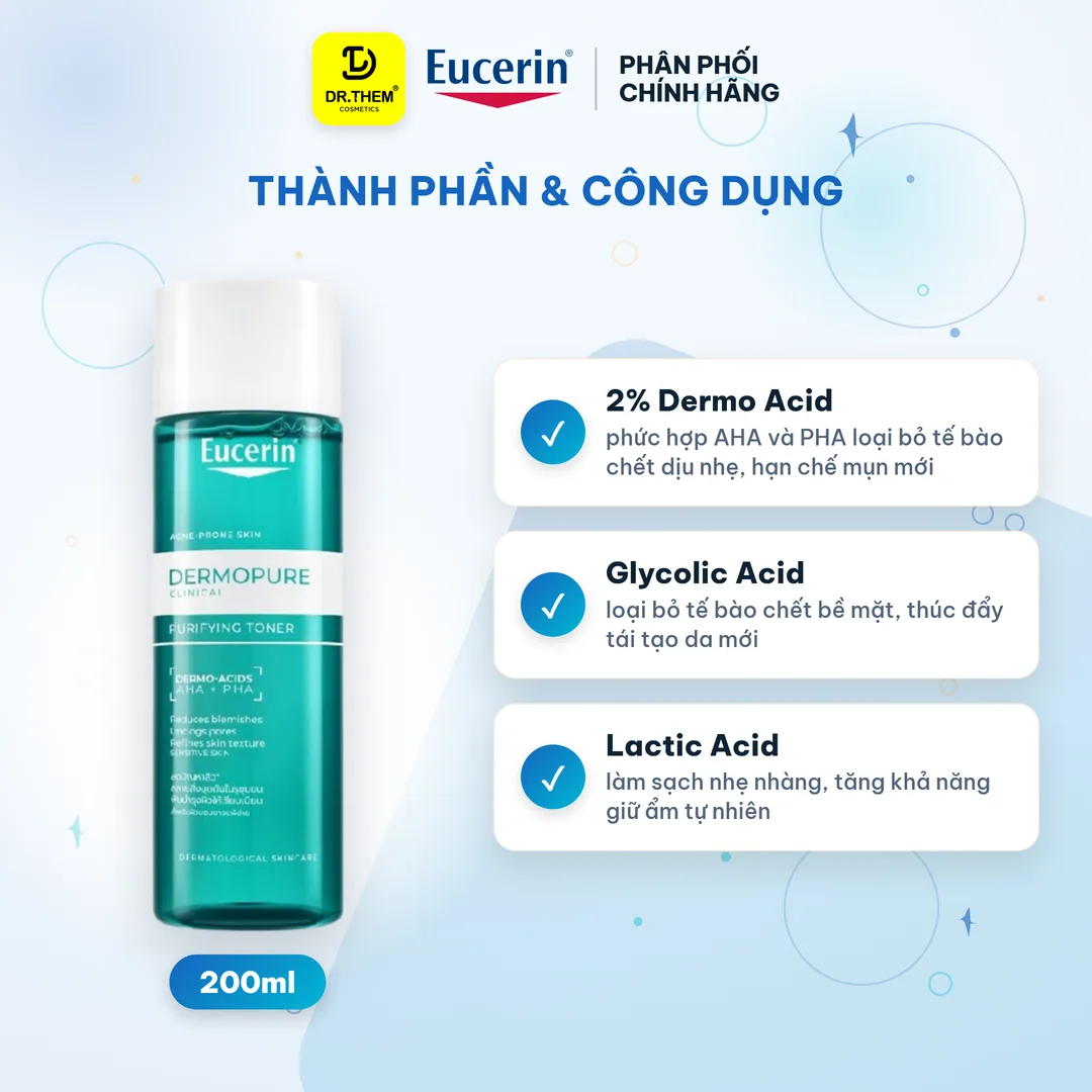 Nước Cân Bằng Eucerin Dermopure Clinical Purifying Toner Làm Sạch Thông Thoáng Lỗ Chân Lông Cho Da Nhờn Mụn 200ml 2