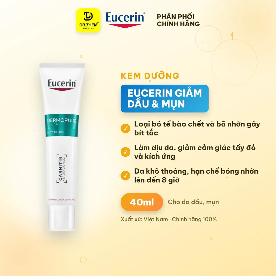 Kem Dưỡng Eucerin DermoPure Clinical Mat Fluid Kiềm Dầu Hỗ Trợ Giảm Mụn Mờ Thâm Cho Da Dầu Mụn 40ml