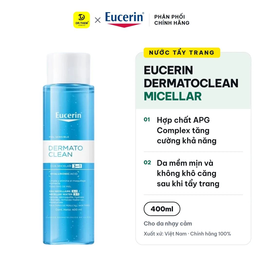 Nước Tẩy Trang Eucerin DermatoClean Micellar Water 3 Trong 1 Làm Sạch Dịu Nhẹ Cấp Ẩm Cho Da Nhạy Cảm 100ml/200ml/400ml