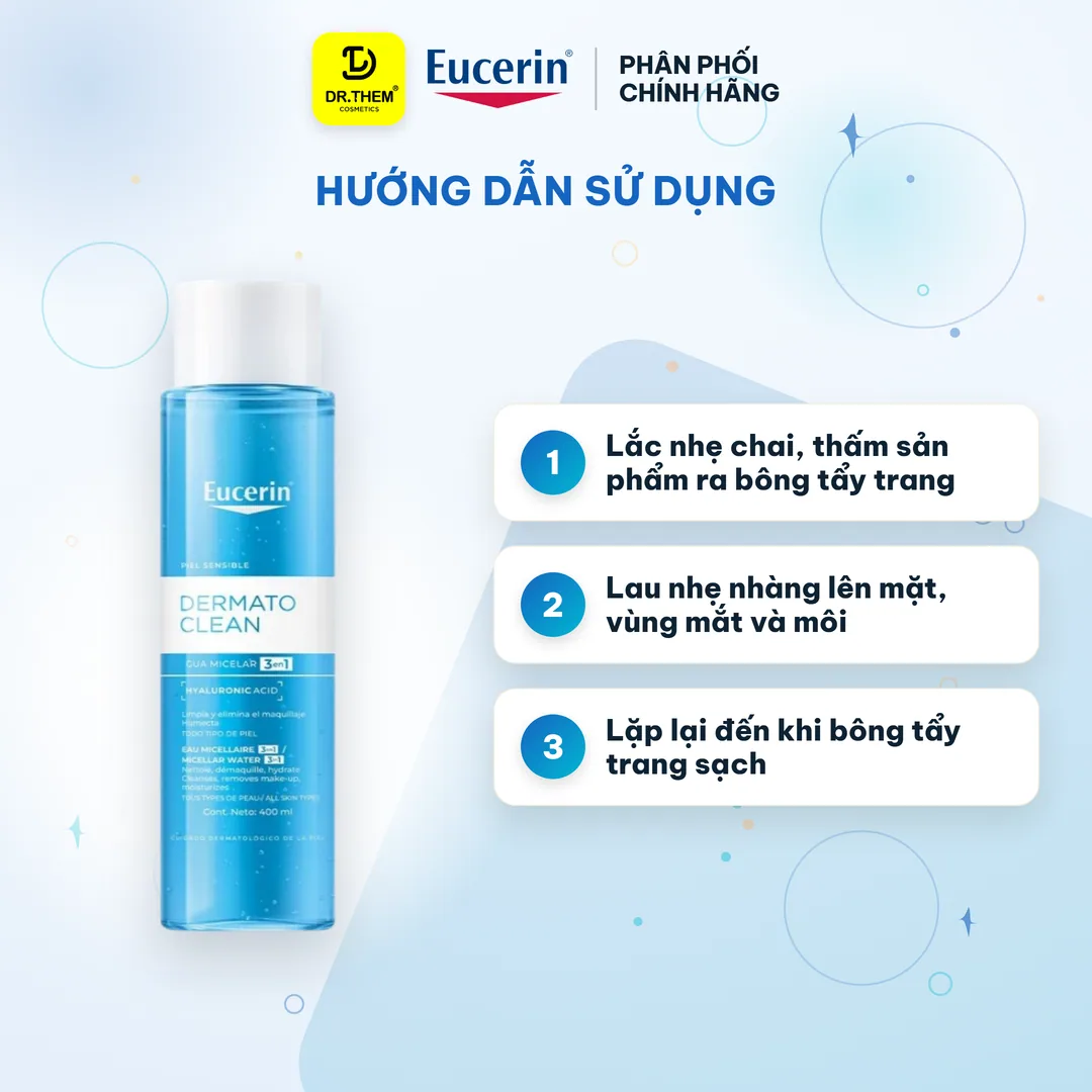 Nước Tẩy Trang Eucerin DermatoClean Micellar Water 3 Trong 1 Làm Sạch Dịu Nhẹ Cấp Ẩm Cho Da Nhạy Cảm 100ml/200ml/400ml 6