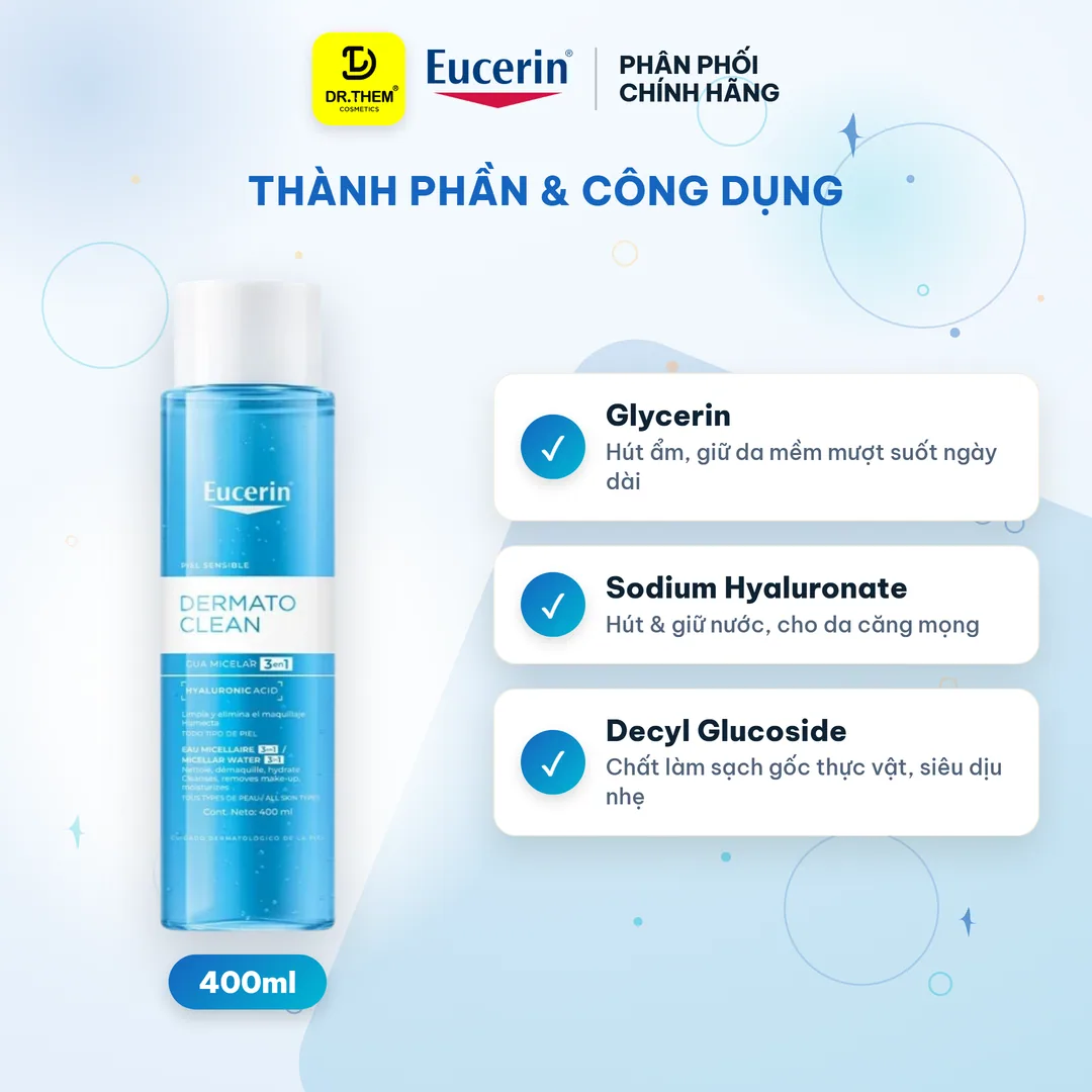 Nước Tẩy Trang Eucerin DermatoClean Micellar Water 3 Trong 1 Làm Sạch Dịu Nhẹ Cấp Ẩm Cho Da Nhạy Cảm 100ml/200ml/400ml 5