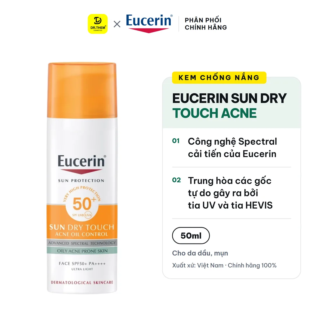 Kem Chống Nắng Eucerin Sun Dry Touch Acne Oil Control Face SPF50+ Kiềm Dầu Ngừa Mụn Cho Da Dầu Mụn 50ml