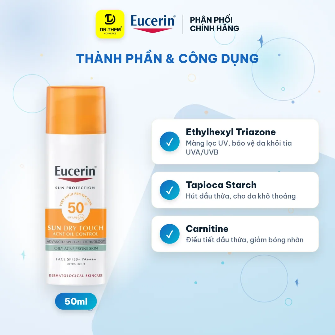 Kem Chống Nắng Eucerin Sun Dry Touch Acne Oil Control Face SPF50+ Kiềm Dầu Ngừa Mụn Cho Da Dầu Mụn 50ml 6