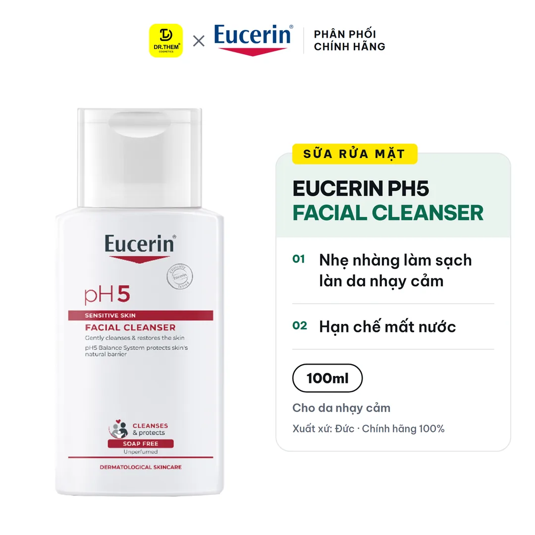 Sữa Rửa Mặt Eucerin pH5 Facial Cleanser Sensitive Skin Làm Sạch Dịu Nhẹ Cân Bằng Độ pH Cho Da Nhạy Cảm 100ml