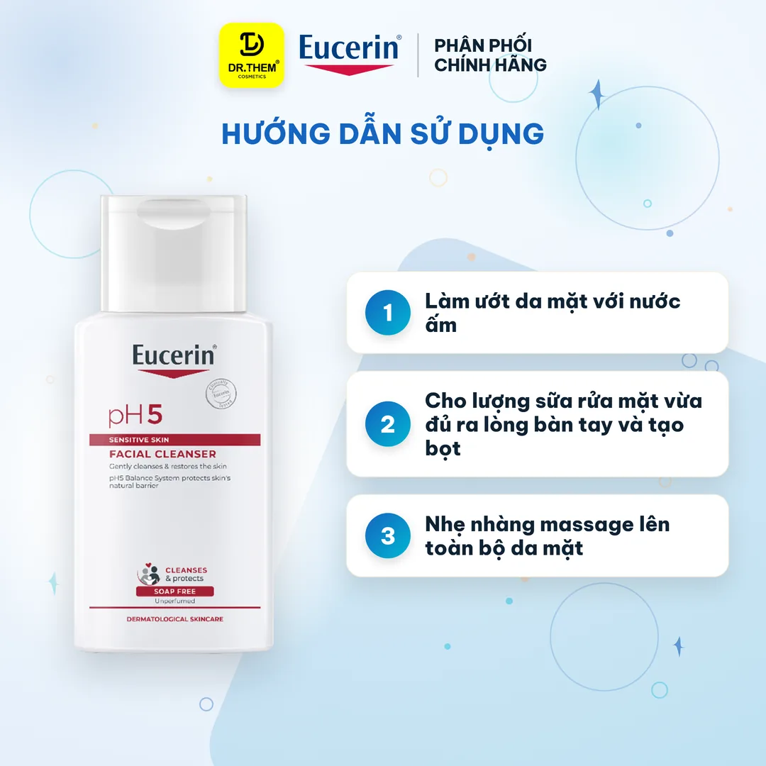 Sữa Rửa Mặt Eucerin pH5 Facial Cleanser Sensitive Skin Làm Sạch Dịu Nhẹ Cân Bằng Độ pH Cho Da Nhạy Cảm 100ml 3
