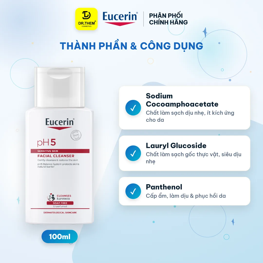 Sữa Rửa Mặt Eucerin pH5 Facial Cleanser Sensitive Skin Làm Sạch Dịu Nhẹ Cân Bằng Độ pH Cho Da Nhạy Cảm 100ml 2