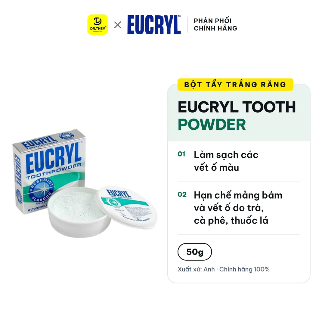 Bột Làm Trắng Răng Eucryl Tooth Powder Freshmint Hỗ Trợ Làm Sạch Mảng Bám Vết Ố Hương Bạc Hà 50g