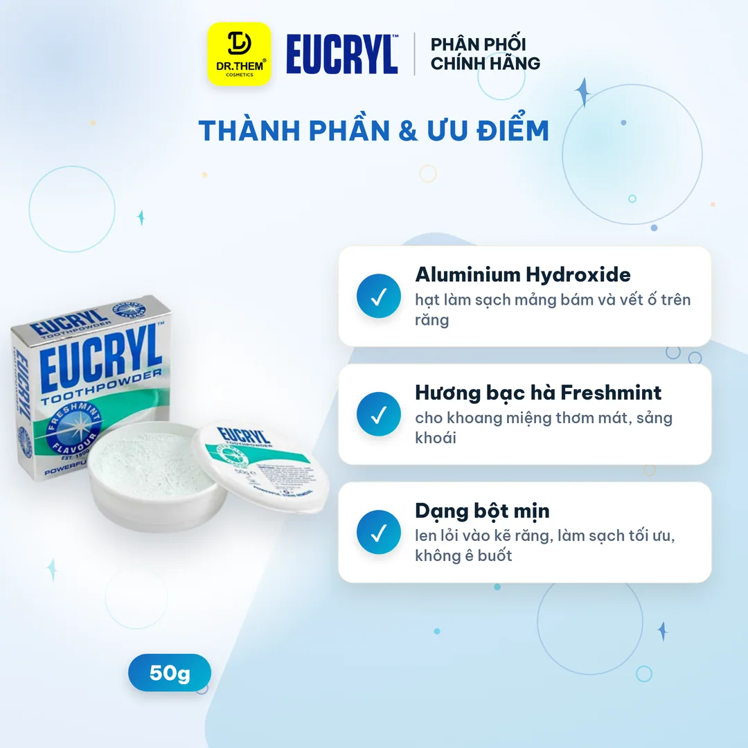 Bột Làm Trắng Răng Eucryl Tooth Powder Freshmint Hỗ Trợ Làm Sạch Mảng Bám Vết Ố Hương Bạc Hà 50g 7