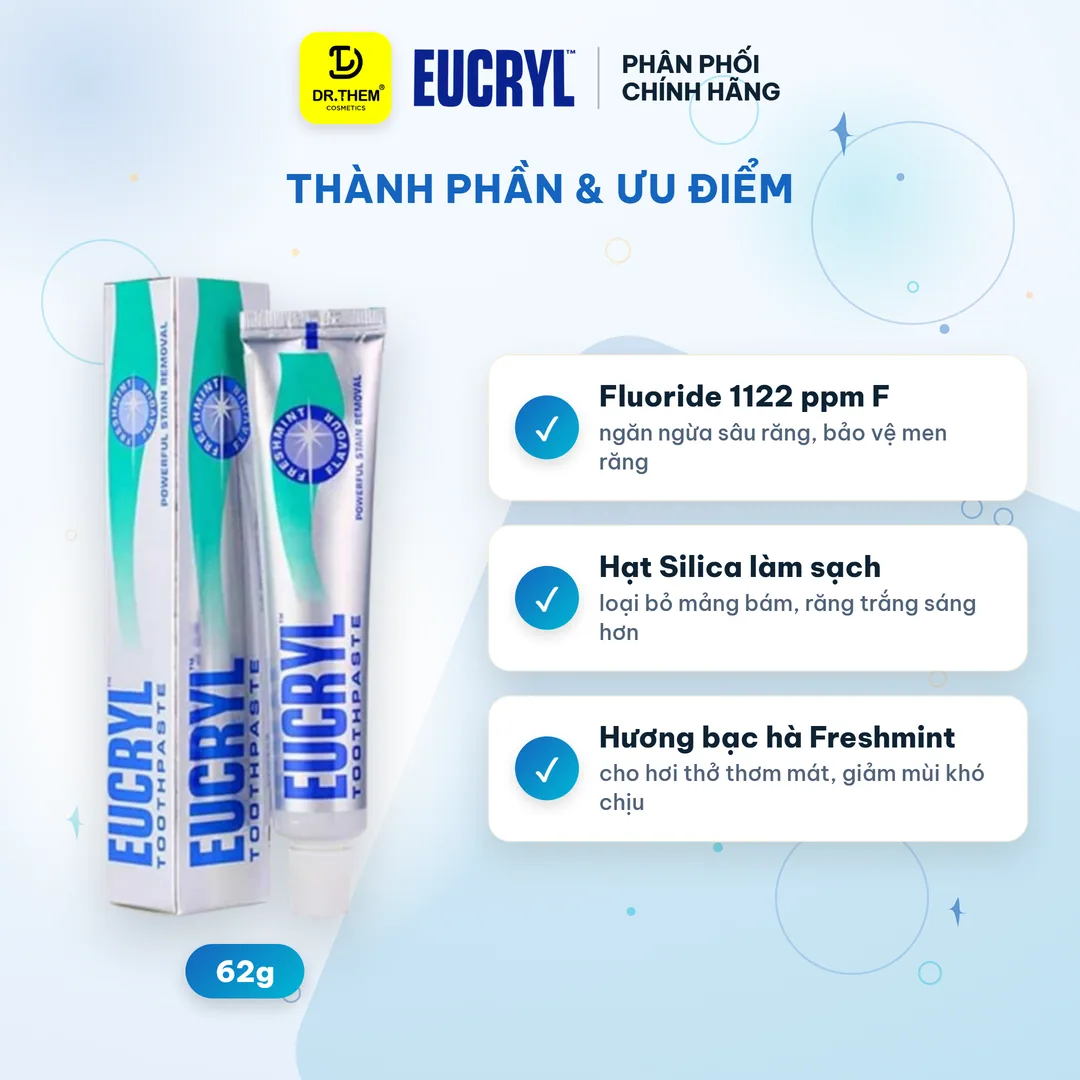 Kem Đánh Răng Eucryl Tooth Paste Freshmint Làm Trắng Răng Ngăn Ngừa Cao Răng Hương Bạc Hà 62g 7
