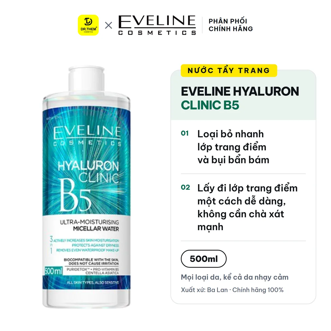 Nước Tẩy Trang Eveline Hyaluron Clinic B5 Ultra Moisturising Micellar Water Làm Sạch Cấp Ẩm Cho Mọi Loại Da 500ml
