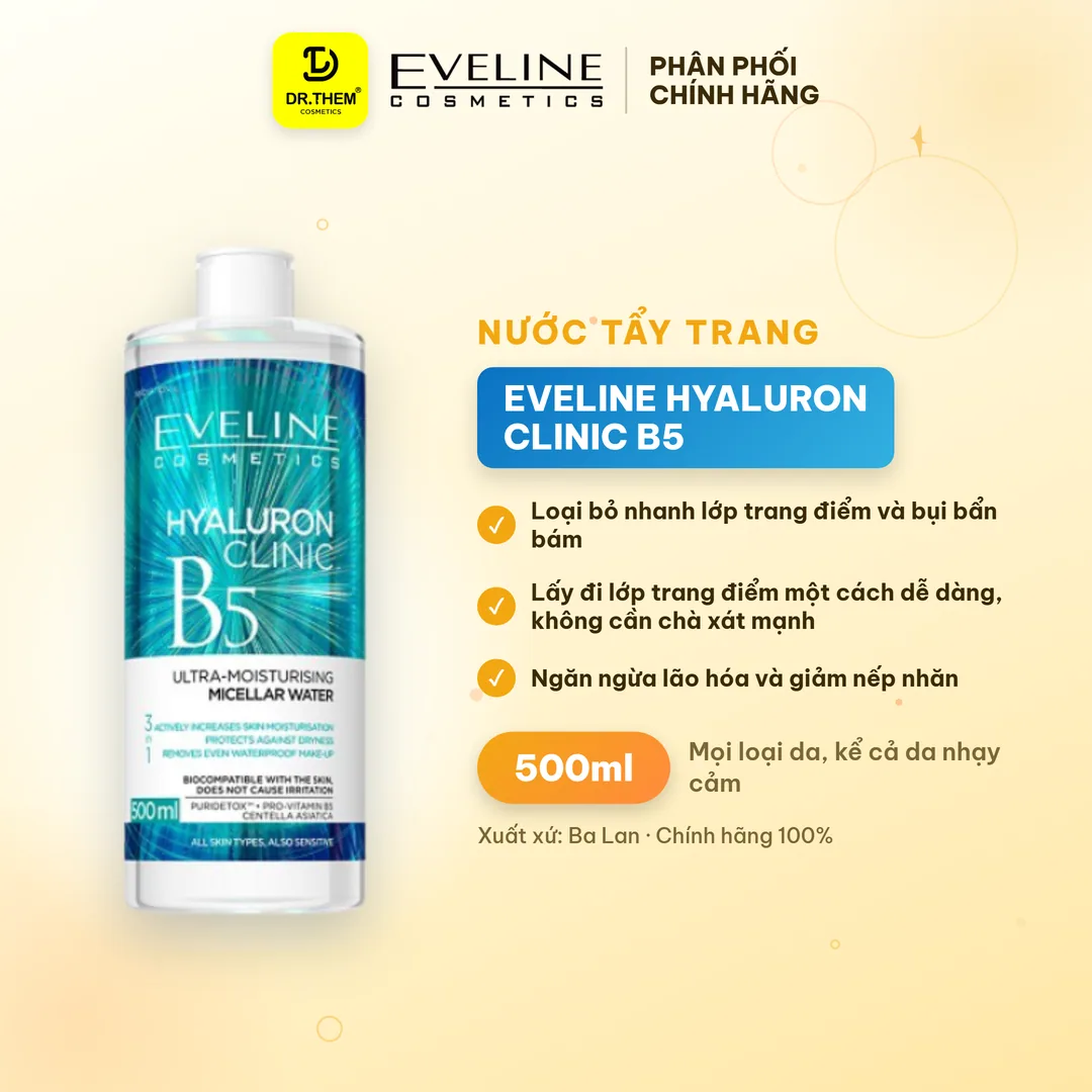 Nước Tẩy Trang Eveline Hyaluron Clinic B5 Ultra Moisturising Micellar Water Làm Sạch Cấp Ẩm Cho Mọi Loại Da 500ml