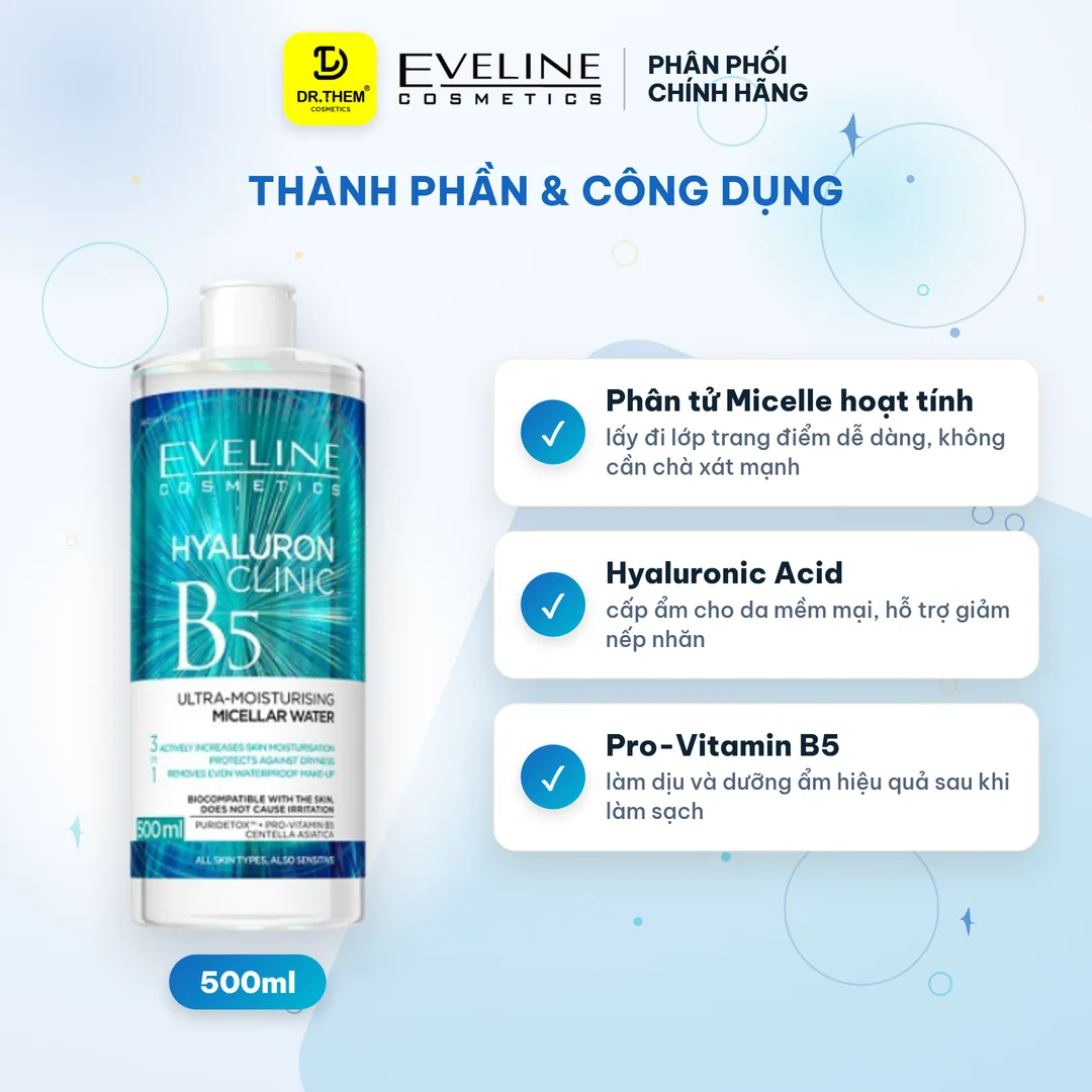 Nước Tẩy Trang Eveline Hyaluron Clinic B5 Ultra Moisturising Micellar Water Làm Sạch Cấp Ẩm Cho Mọi Loại Da 500ml 4