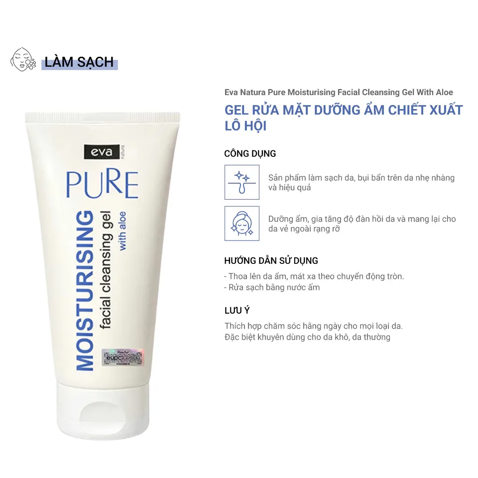 Gel Rửa Mặt Eva Natura Pure Moisturising Facial Cleansing Gel With Aloe Vera Dưỡng Ẩm Cho Da Khô 150ml 3