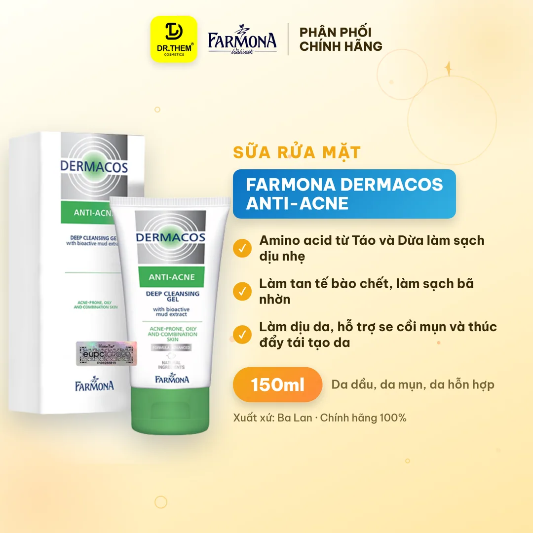 Sữa Rửa Mặt Farmona Dermacos Anti Acne Deep Cleansing Gel Làm Sạch Sâu Hỗ Trợ Giảm Mụn Cho Da Dầu 150ml