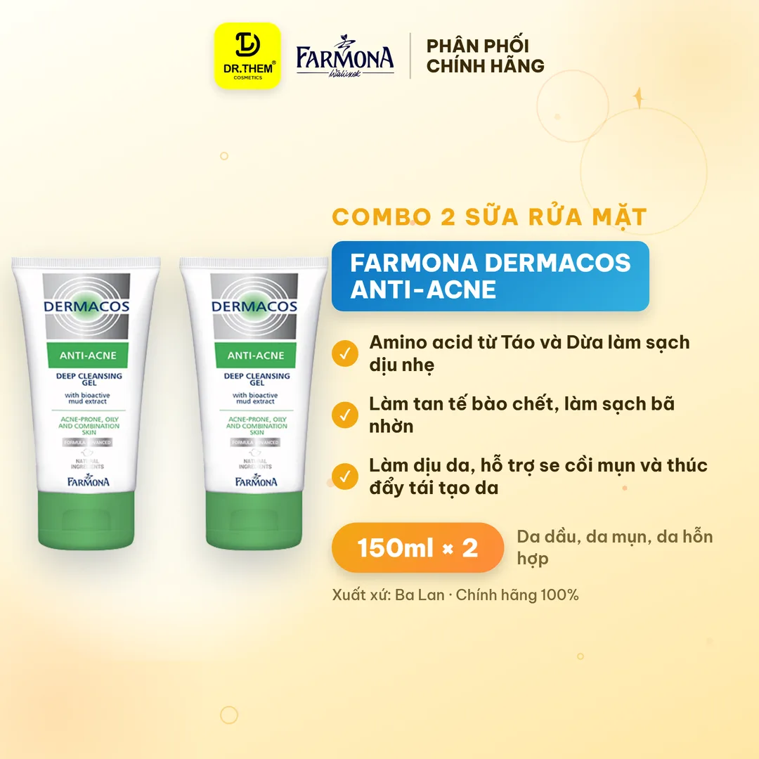 Combo 2 Sữa Rửa Mặt Farmona Dermacos Anti Acne Deep Cleansing Gel Sạch Sâu Cho Da Dầu Mụn 150ml - Tặng Sáp Dưỡng Vaseline 2