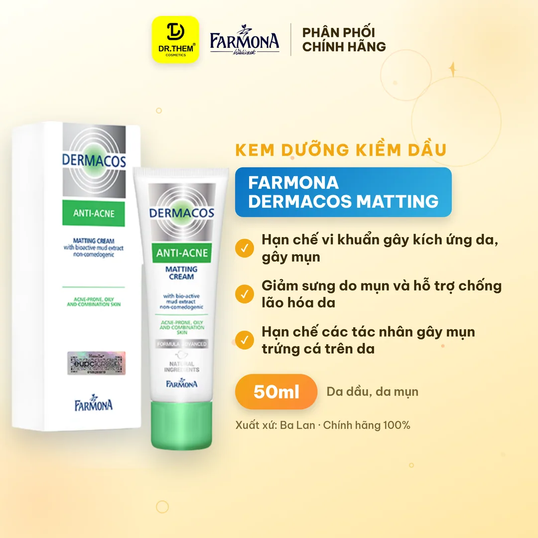 Kem Dưỡng Farmona Dermacos Anti Acne Matting Cream Giảm Bóng Nhờn Hỗ Trợ Ngừa Mụn Cho Da Dầu 50ml