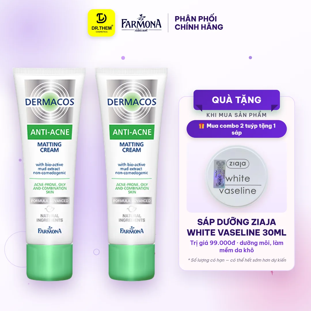 Combo 2 Kem Dưỡng Farmona Dermacos Anti Acne Matting Cream Giảm Bóng Nhờn Cho Da Dầu Mụn 50ml - Tặng Sáp Dưỡng Vaseline