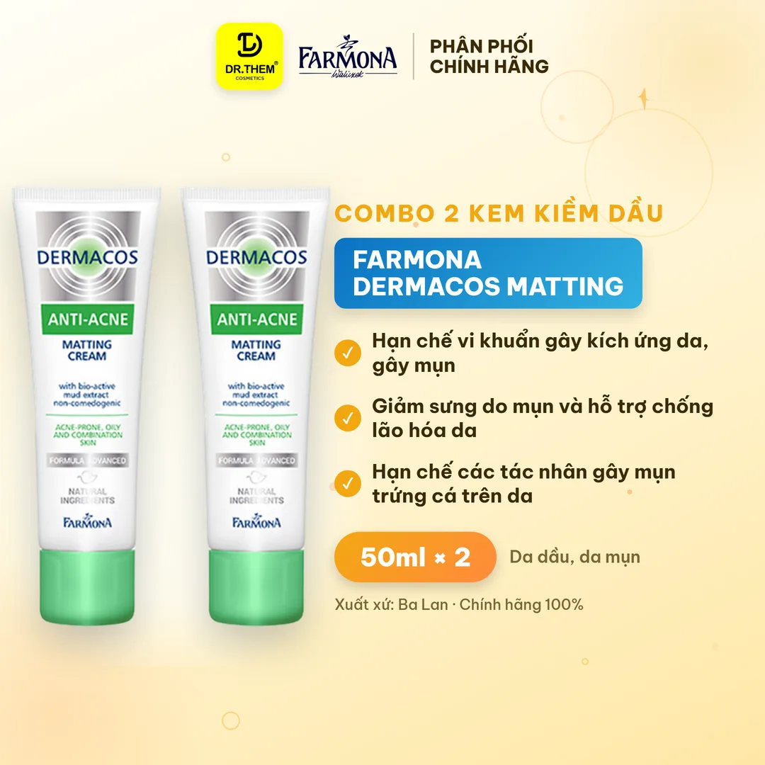 Combo 2 Kem Dưỡng Farmona Dermacos Anti Acne Matting Cream Giảm Bóng Nhờn Cho Da Dầu Mụn 50ml - Tặng Sáp Dưỡng Vaseline – ảnh 1