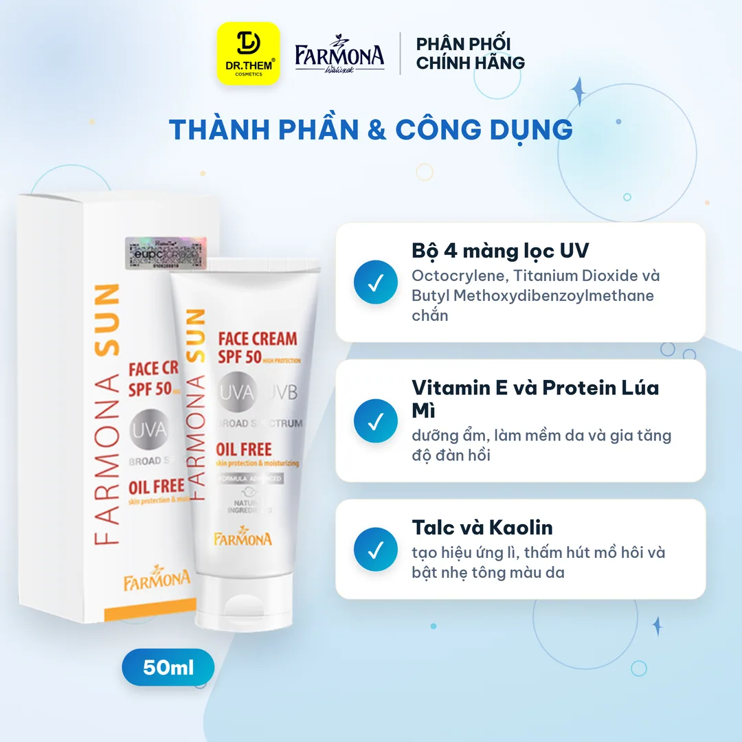Kem Chống Nắng Farmona Sun Face Cream Oil Free SPF50+ Không Chứa Dầu Kiềm Dầu Cho Da Dầu Mụn 50ml 4