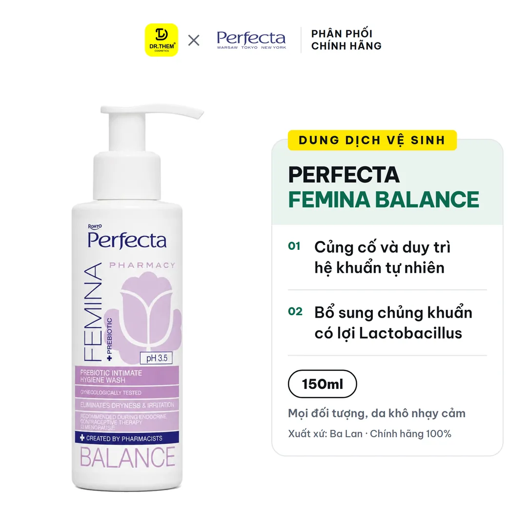 Dung Dịch Vệ Sinh Phụ Nữ Perfecta Femina Balance Probiotic Dịu Nhẹ Dưỡng Ẩm Cân Bằng pH Cho Da Nhạy Cảm 150ml – ảnh sản phẩm
