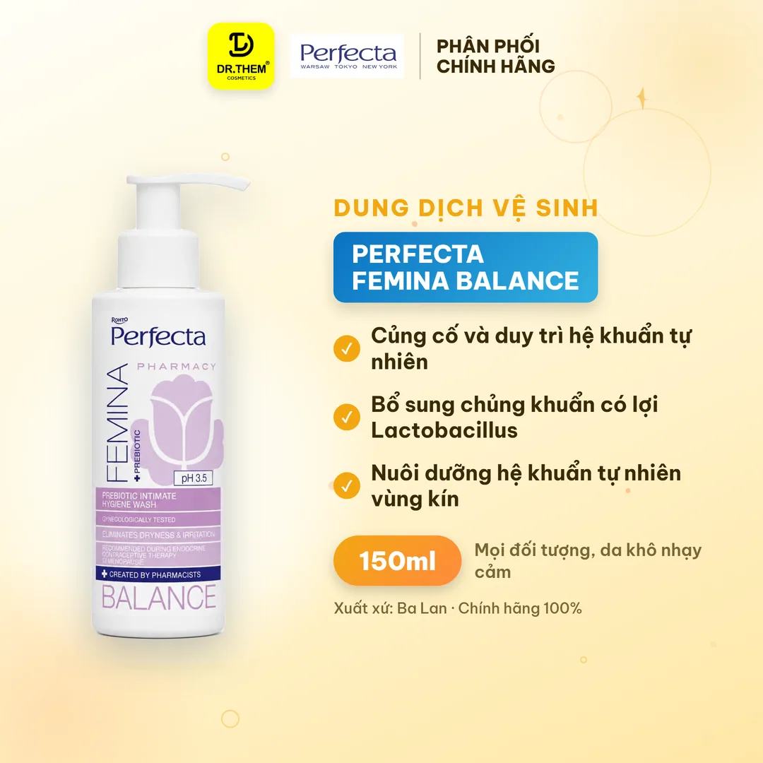 Dung Dịch Vệ Sinh Phụ Nữ Perfecta Femina Balance Probiotic Dịu Nhẹ Dưỡng Ẩm Cân Bằng pH Cho Da Nhạy Cảm 150ml