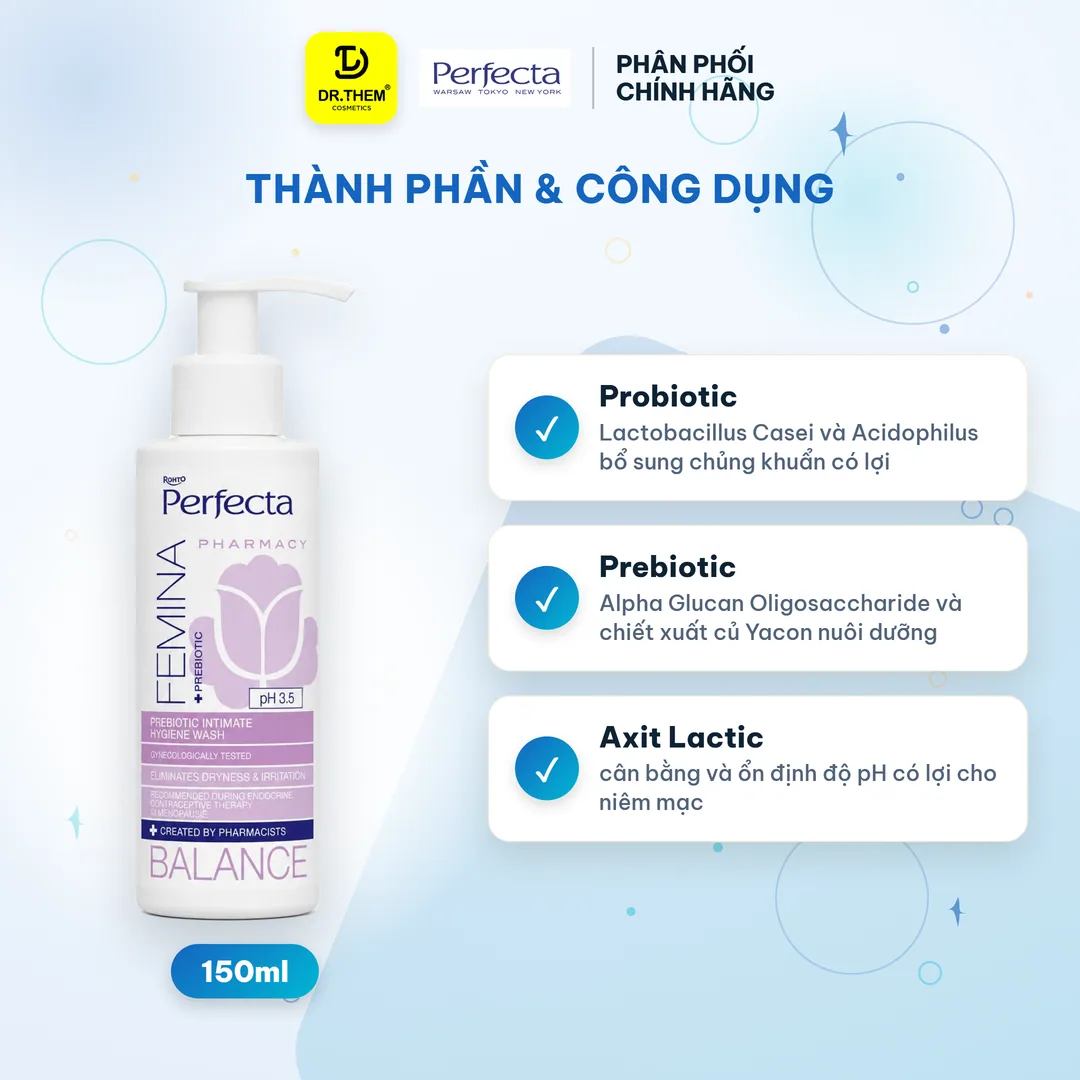 Dung Dịch Vệ Sinh Phụ Nữ Perfecta Femina Balance Probiotic Dịu Nhẹ Dưỡng Ẩm Cân Bằng pH Cho Da Nhạy Cảm 150ml 2