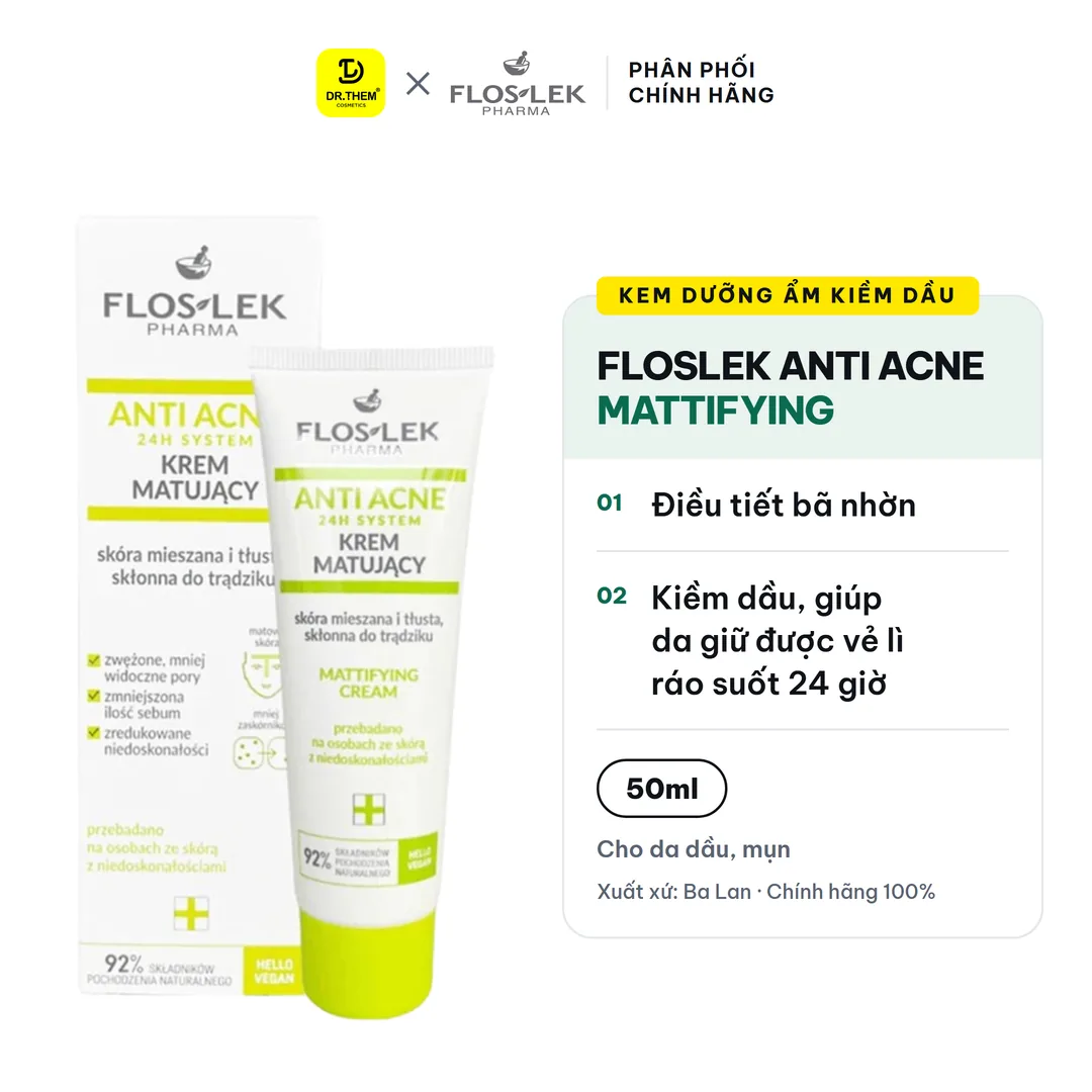 Kem Dưỡng Ẩm Kiềm Dầu Floslek Anti Acne Mattifying Cream 24H Giảm Bóng Nhờn Làm Dịu Da Dầu Mụn 50ml