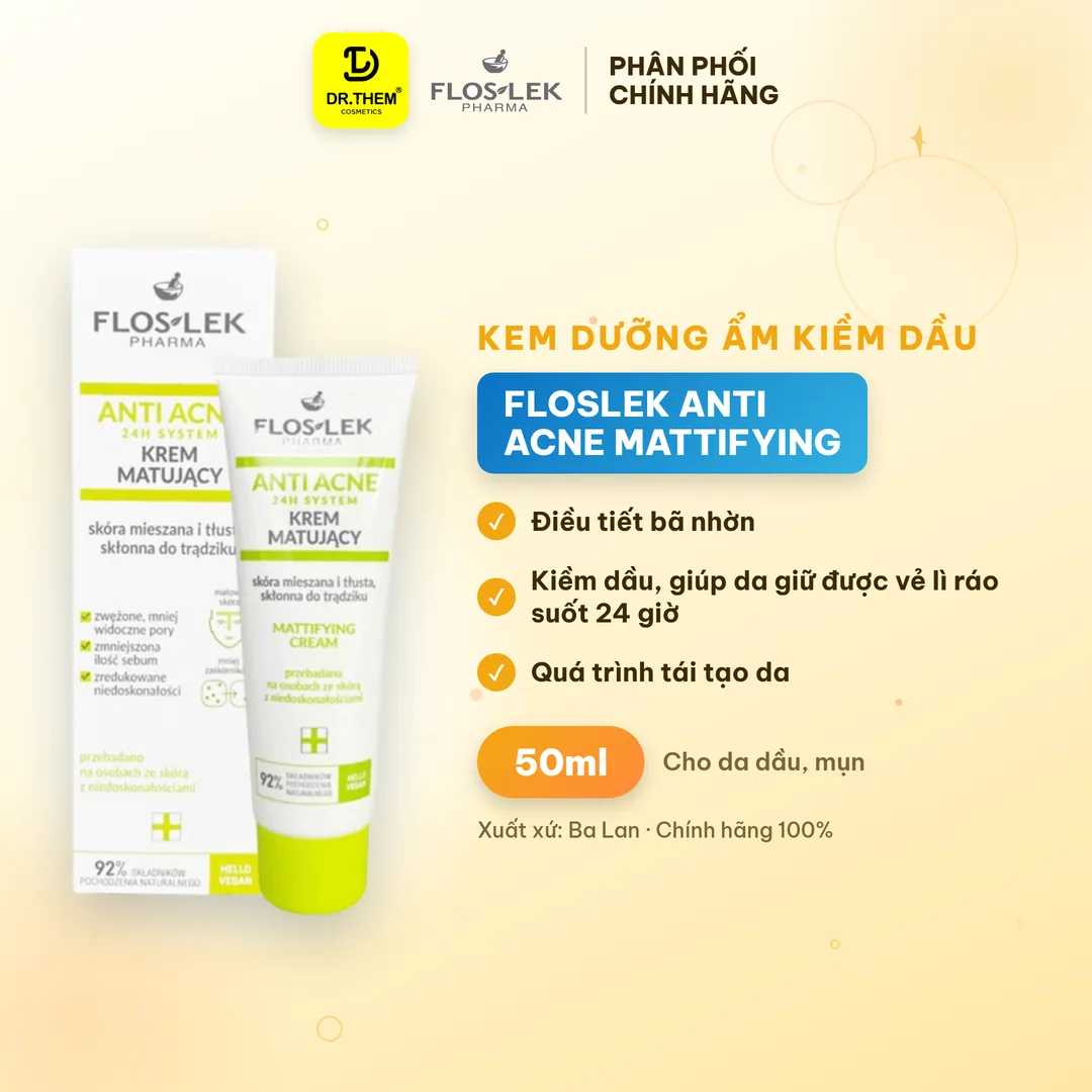 Kem Dưỡng Ẩm Kiềm Dầu Floslek Anti Acne Mattifying Cream 24H Giảm Bóng Nhờn Làm Dịu Da Dầu Mụn 50ml