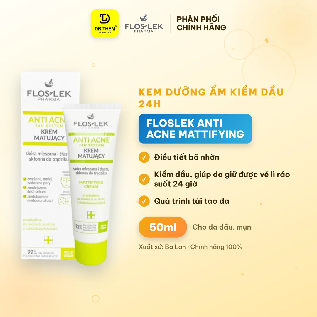 Kem Dưỡng Ẩm Kiềm Dầu Floslek Anti Acne Mattifying Cream 24H Giảm Bóng Nhờn Làm Dịu Da Dầu Mụn 50ml