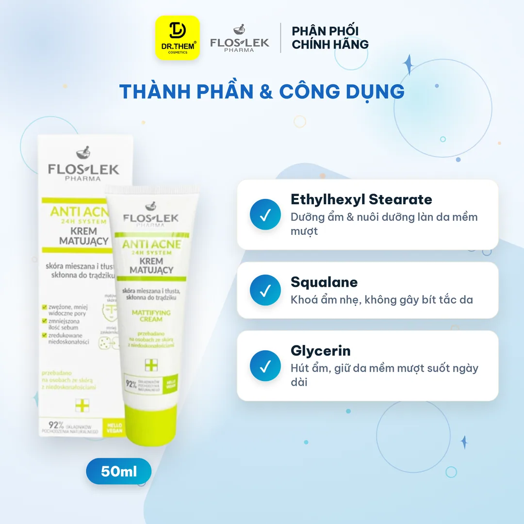 Kem Dưỡng Ẩm Kiềm Dầu Floslek Anti Acne Mattifying Cream 24H Giảm Bóng Nhờn Làm Dịu Da Dầu Mụn 50ml 5