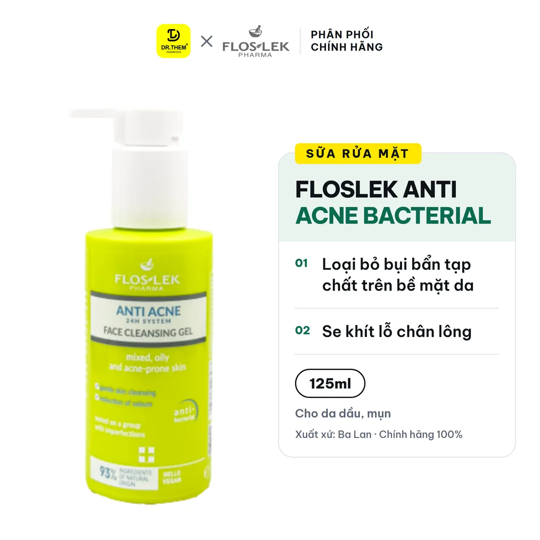 Sữa Rửa Mặt Floslek Anti Acne Bacterial Face Cleansing Gel Làm Sạch Sâu Kiềm Dầu Cho Da Dầu Mụn 125ml