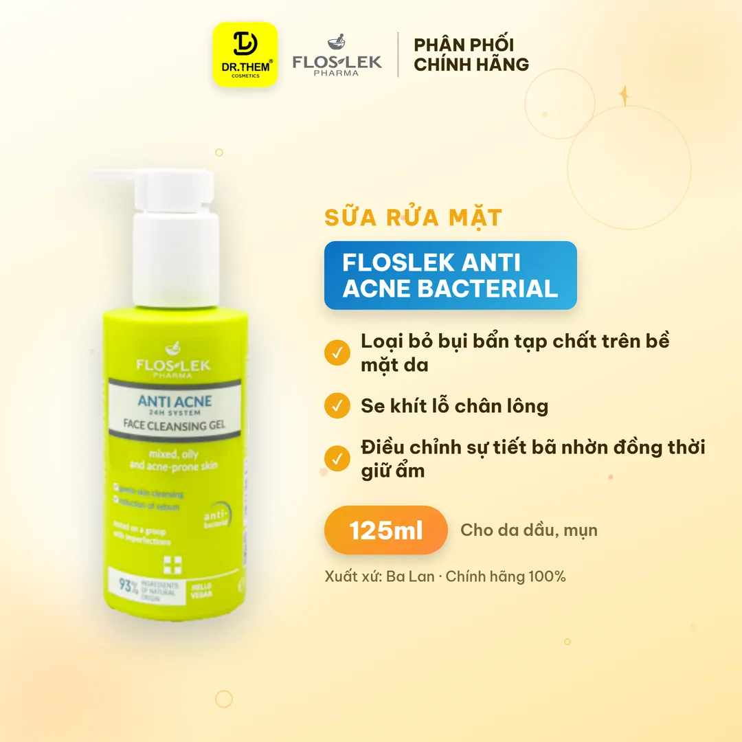 Sữa Rửa Mặt Floslek Anti Acne Bacterial Face Cleansing Gel Làm Sạch Sâu Kiềm Dầu Cho Da Dầu Mụn 125ml