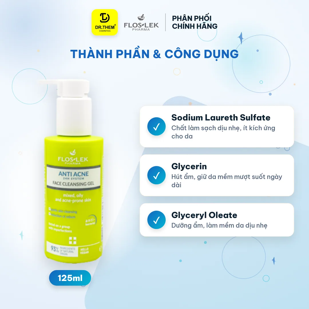 Sữa Rửa Mặt Floslek Anti Acne Bacterial Face Cleansing Gel Làm Sạch Sâu Kiềm Dầu Cho Da Dầu Mụn 125ml 5