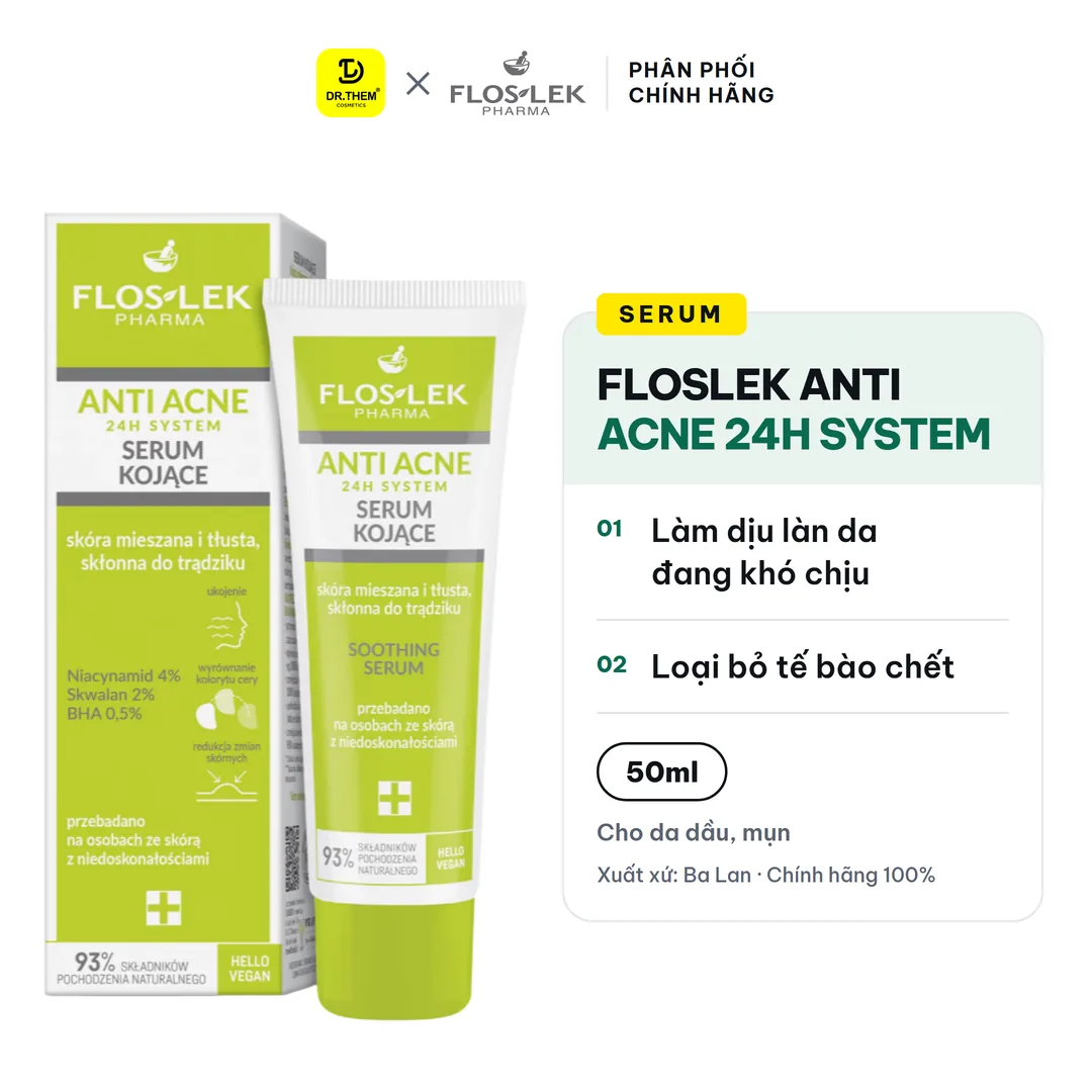 Serum Floslek Anti Acne 24H System Soothing Làm Dịu Hỗ Trợ Giảm Mụn Kiềm Dầu Se Khít Lỗ Chân Lông 50ml