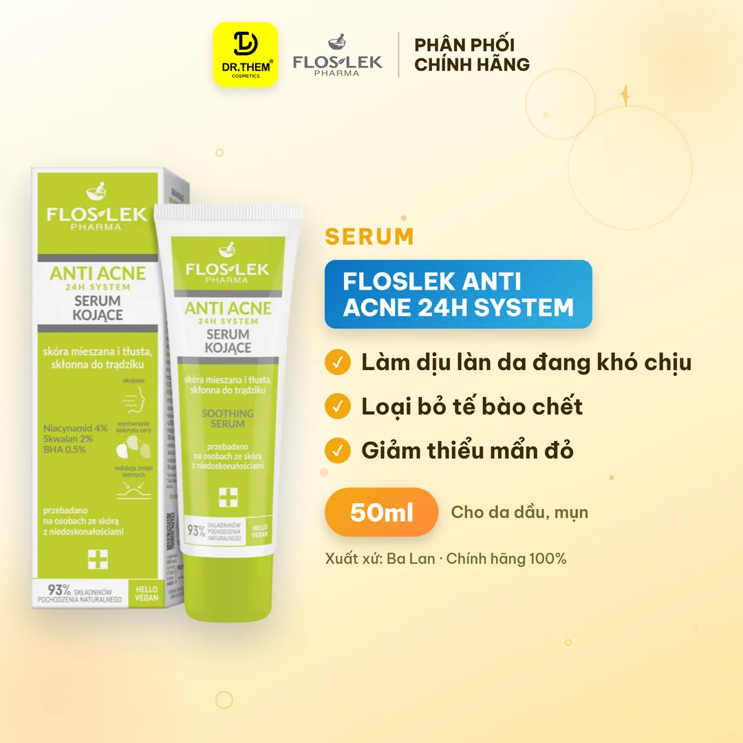 Serum Floslek Anti Acne 24H System Soothing Làm Dịu Hỗ Trợ Giảm Mụn Kiềm Dầu Se Khít Lỗ Chân Lông 50ml