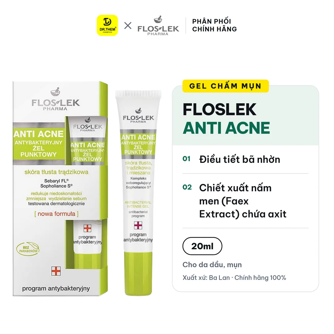 Gel Chấm Mụn Floslek Anti Acne Hỗ Trợ Giảm Mụn Sưng Se Cồi Mụn Làm Mờ Thâm Cho Da Dầu Mụn 20ml