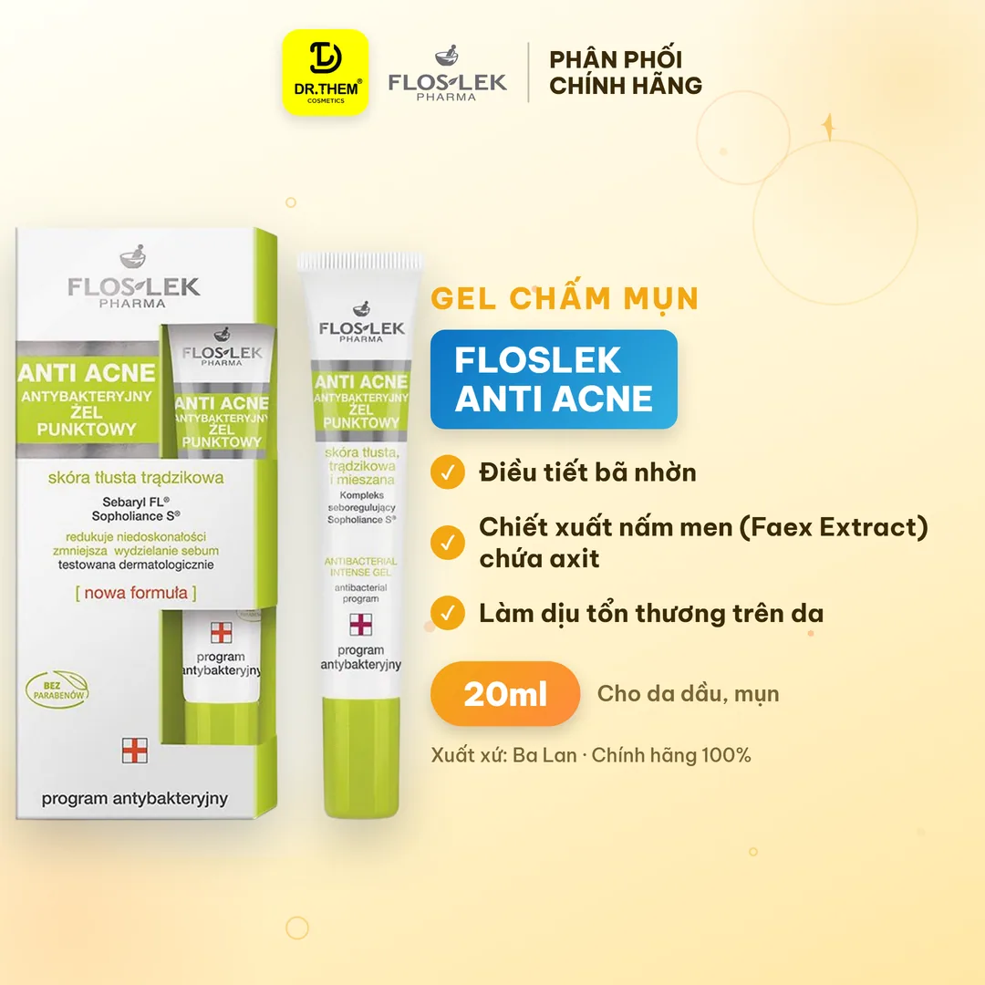 Gel Chấm Mụn Floslek Anti Acne Hỗ Trợ Giảm Mụn Sưng Se Cồi Mụn Làm Mờ Thâm Cho Da Dầu Mụn 20ml