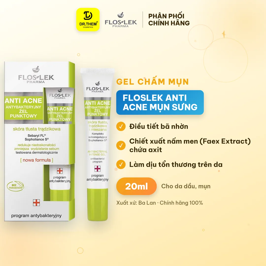 Gel Chấm Mụn Floslek Anti Acne Hỗ Trợ Giảm Mụn Sưng Se Cồi Mụn Làm Mờ Thâm Cho Da Dầu Mụn 20ml