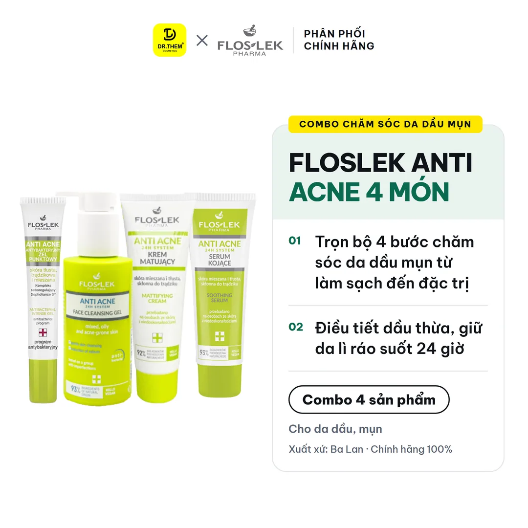 Combo Chăm Sóc Da Dầu Mụn Floslek Anti Acne Mua 3 Tặng 1 Sữa Rửa Mặt Serum Kem Dưỡng Và Gel Chấm Mụn