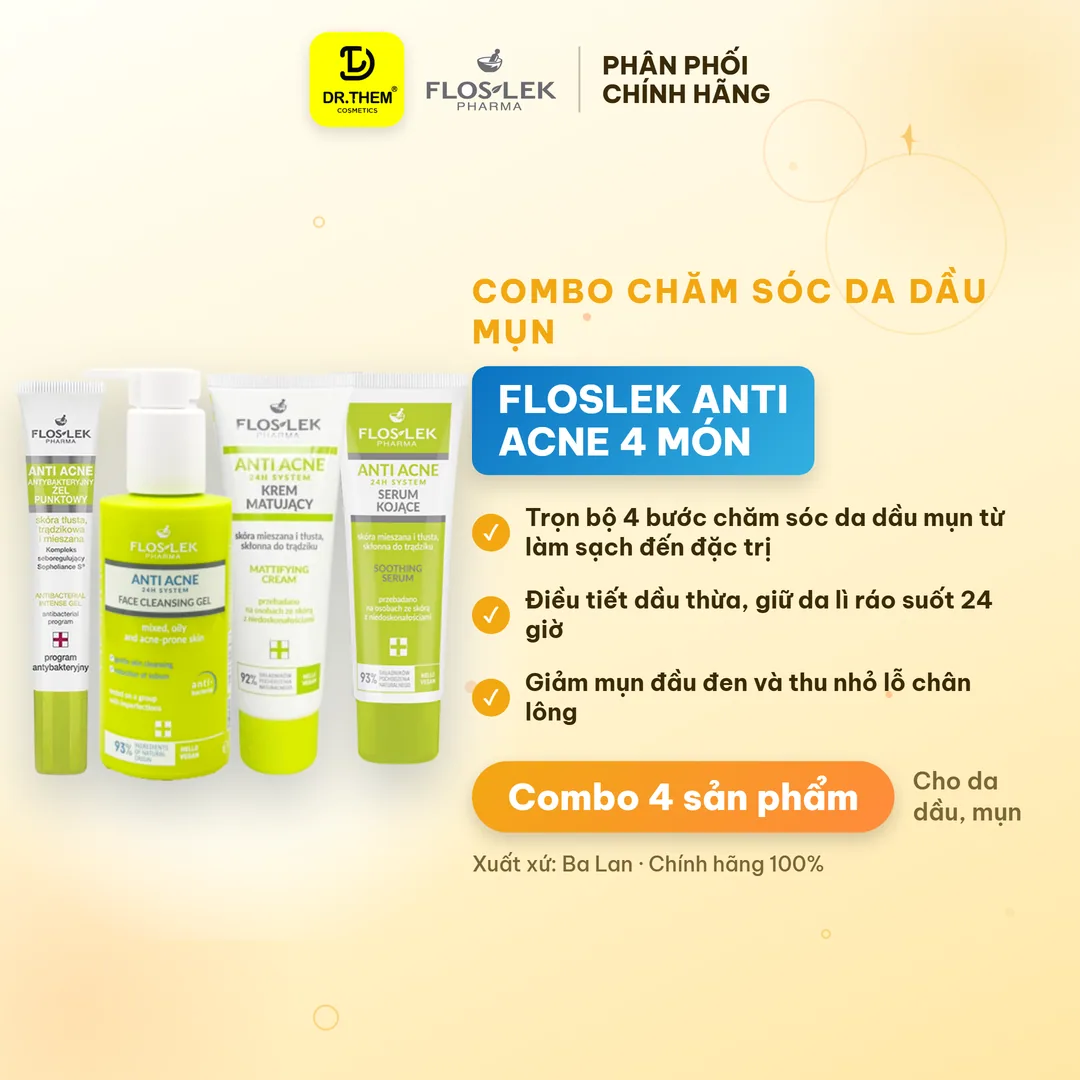 Combo Chăm Sóc Da Dầu Mụn Floslek Anti Acne Mua 3 Tặng 1 Sữa Rửa Mặt Serum Kem Dưỡng Và Gel Chấm Mụn
