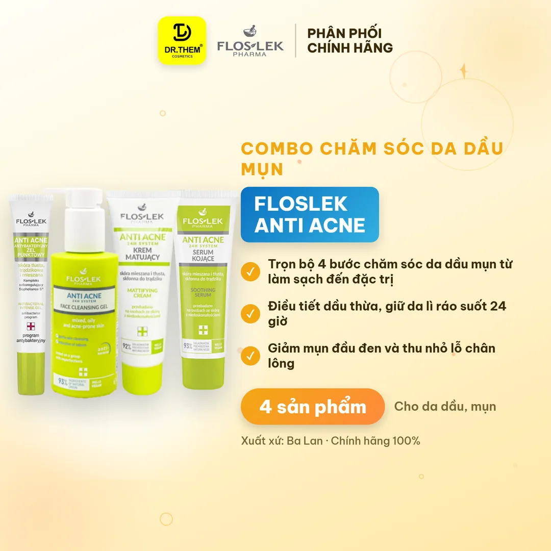Combo Chăm Sóc Da Dầu Mụn Floslek Anti Acne Mua 3 Tặng 1 Sữa Rửa Mặt Serum Kem Dưỡng Và Gel Chấm Mụn
