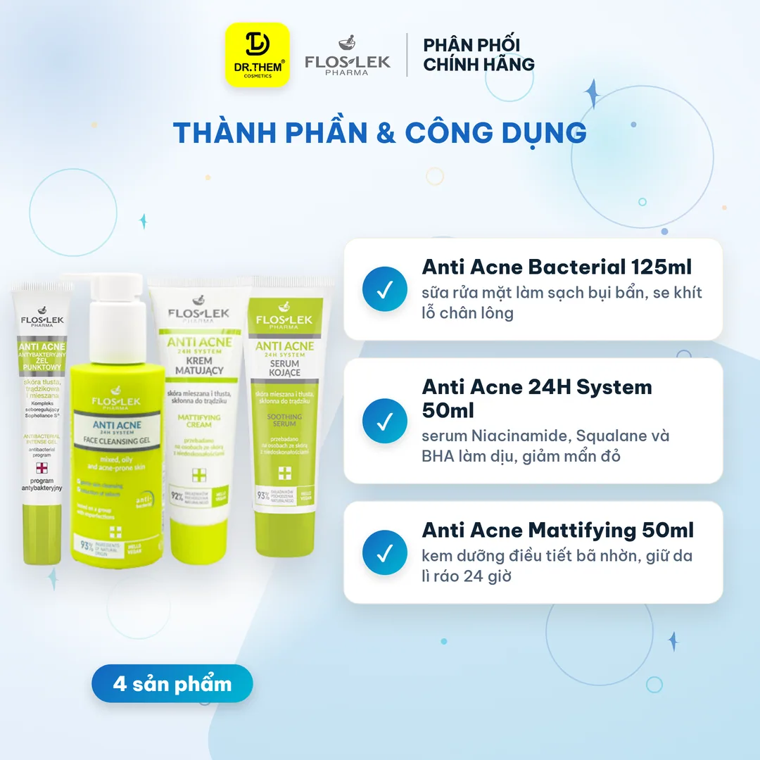 Combo Chăm Sóc Da Dầu Mụn Floslek Anti Acne Mua 3 Tặng 1 Sữa Rửa Mặt Serum Kem Dưỡng Và Gel Chấm Mụn 6