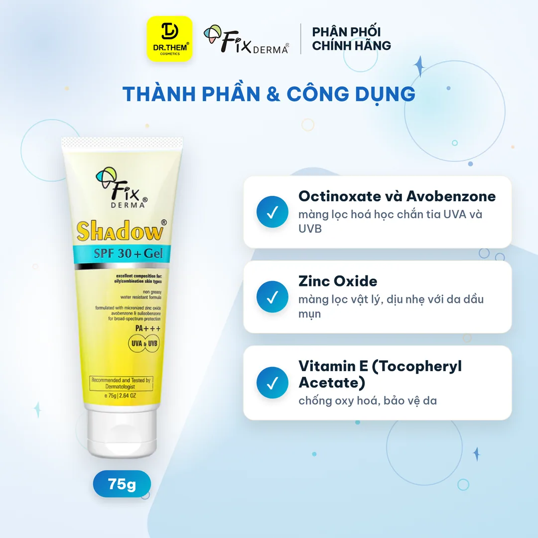 Kem Chống Nắng Fixderma Shadow SPF30+ PA+++ Gel Bảo Vệ Phổ Rộng Cho Da Dầu Mụn 75g 2