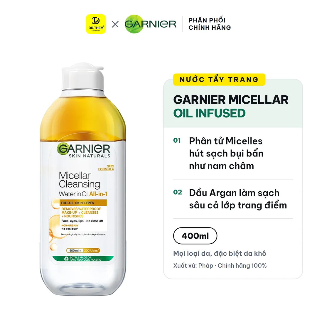 Nước Tẩy Trang Garnier Micellar Oil Infused Cleansing Water Làm Sạch Sâu Lớp Trang Điểm 400ml