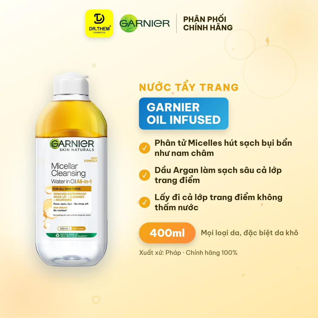 Nước Tẩy Trang Garnier Micellar Oil Infused Cleansing Water Làm Sạch Sâu Lớp Trang Điểm 400ml