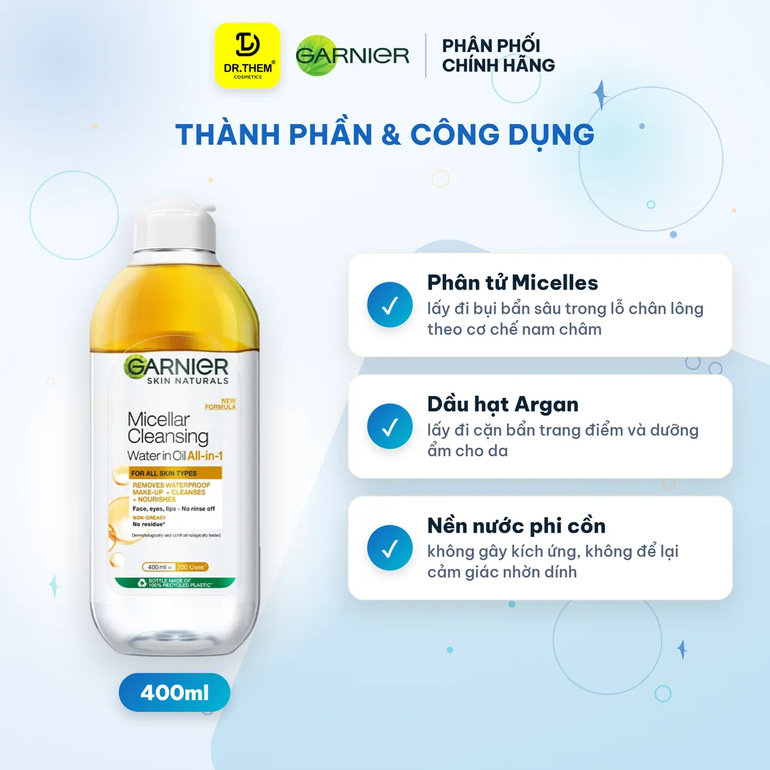 Nước Tẩy Trang Garnier Micellar Oil Infused Cleansing Water Làm Sạch Sâu Lớp Trang Điểm 400ml 2