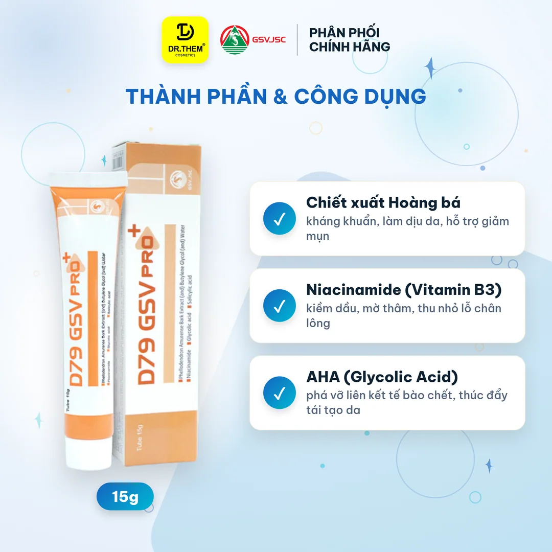 Gel Bôi Hỗ Trợ Giảm Mụn D79 GSV Pro+ Mờ Thâm Mụn Kiểm Soát Dầu Dưỡng Ẩm Với AHA BHA Niacinamide 15g 5